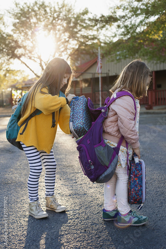 Sisters helping each other before school