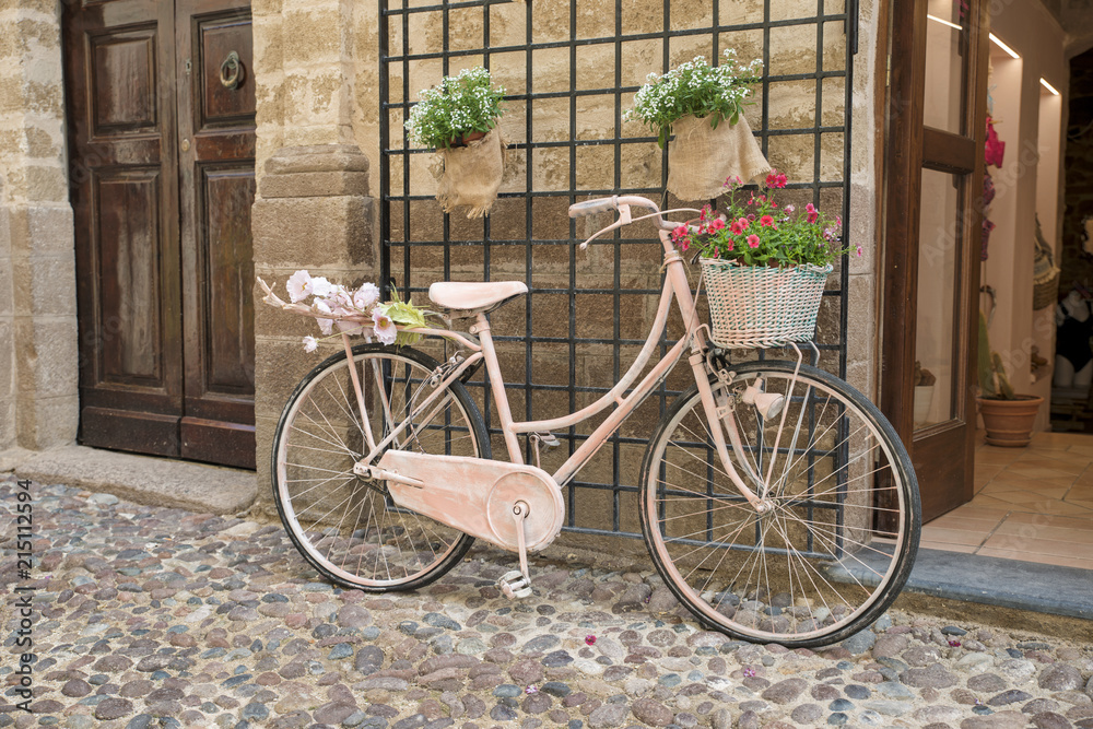 old painted bike with flowers in baskets old painted bike with flowers in baskets