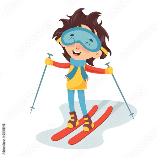 Vector Illustration Of Kid Skiing