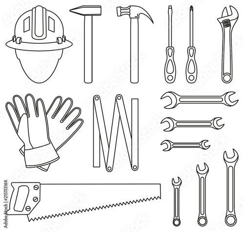 Line art black and white 15 handyman tools set
