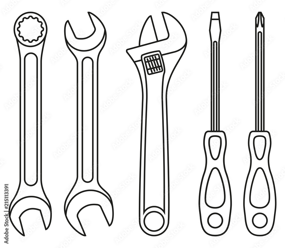 Line art black and white wrench screwdriver set Line art black and white wrench screwdriver set