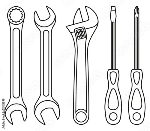 Fotografie, Obraz Line art black and white wrench screwdriver set