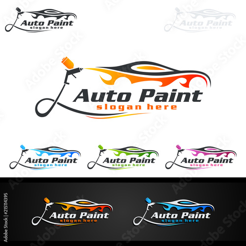 Car Painting Logo with Spray Gun and Sport Car Concept