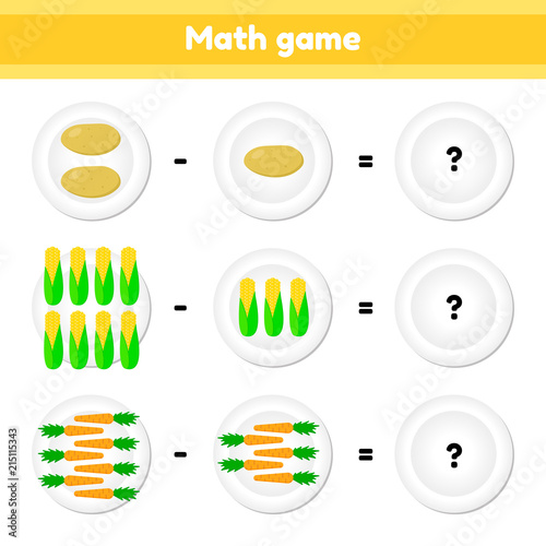 Educational a mathematical game. Logic task for children. subtraction. Vegetables. Potatoes, corn, carrots 