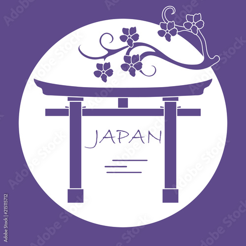 Branch of cherry blossoms and torii, ritual gates.