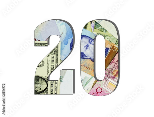 20 3d Number different world banknotes background. Money finance and business concept. Isolated on white texture