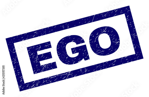 Rectangle EGO seal print with distress surface. Rubber seal imitation has rectangle frame. Blue vector rubber print of EGO label with corroded texture.