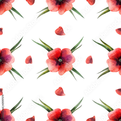 Wallpaper Mural Watercolor seamless pattern grass and poppy flowers  Torontodigital.ca