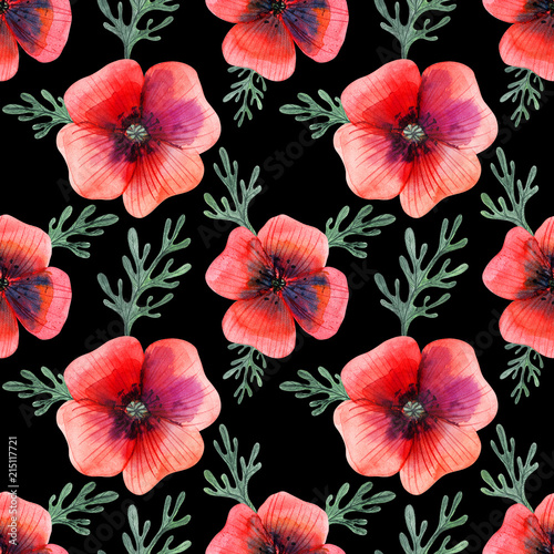Watercolor seamless pattern poppy flowers and leaves