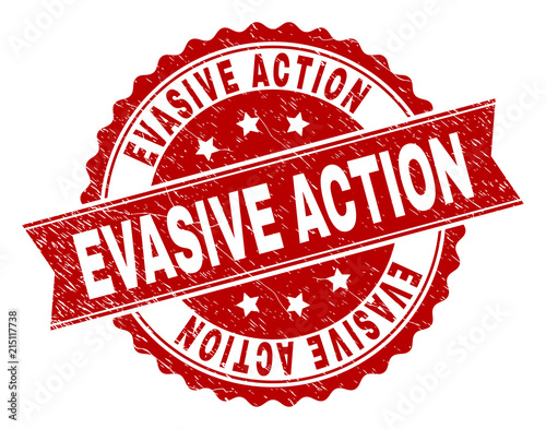 EVASIVE ACTION seal print with corroded texture. Rubber seal imitation has round medallion form and contains ribbon. Red vector rubber print of EVASIVE ACTION title with dirty texture.