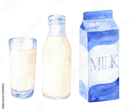 Hand drawn watercolor milk set, glass, bottle and carton. Realistic food illustration isolated on white background.