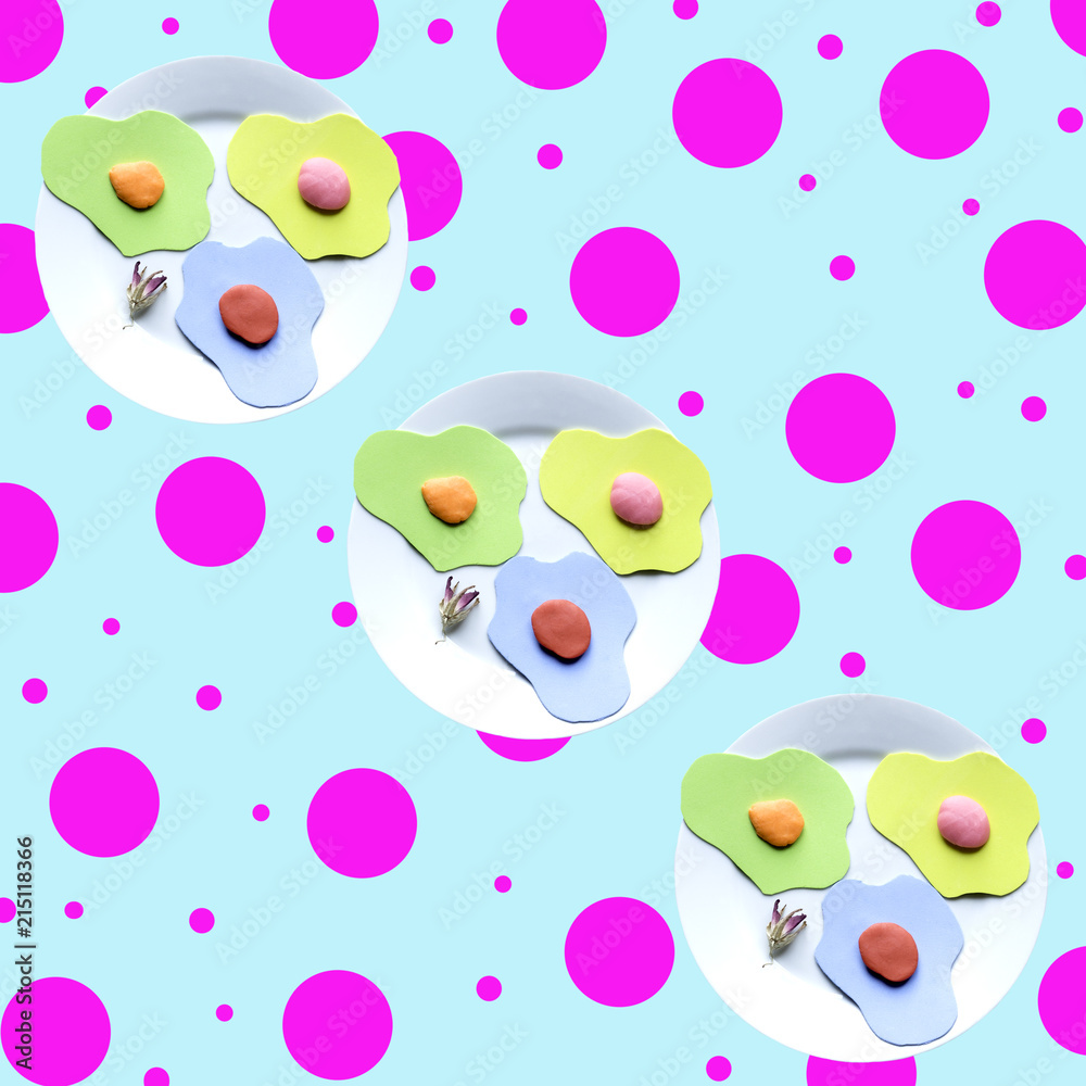 funny dish of fake eggs on graphic trendy background, vibrant mood