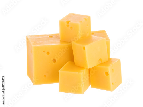 Heap of cheese cubes isolated on white background. With clipping path.