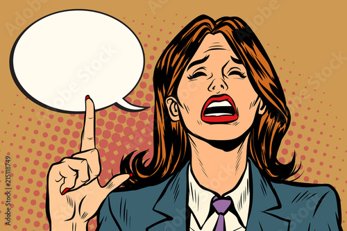 crying woman pointing up comic bubble