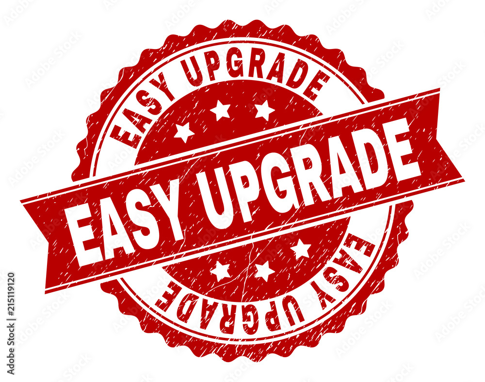 EASY UPGRADE seal print with corroded texture. Rubber seal imitation has round medallion form and contains ribbon. Red vector rubber print of EASY UPGRADE text with retro texture. EASY UPGRADE seal print with corroded texture. Rubber seal imitation has round medallion form and contains ribbon. Red vector rubber print of EASY UPGRADE text with retro texture.