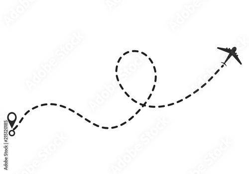 Airplane line path vector icon of air plane flight route with start point and dash line trace, vector illustration