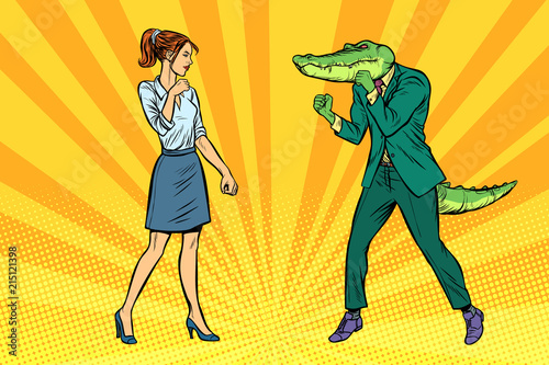 Woman businesswoman Boxing fights with crocodile reptiloid
