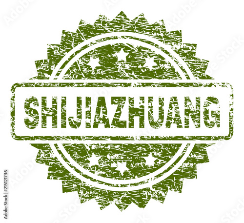 SHIJIAZHUANG stamp seal watermark with rubber print style. Green vector rubber print of SHIJIAZHUANG tag with unclean texture.