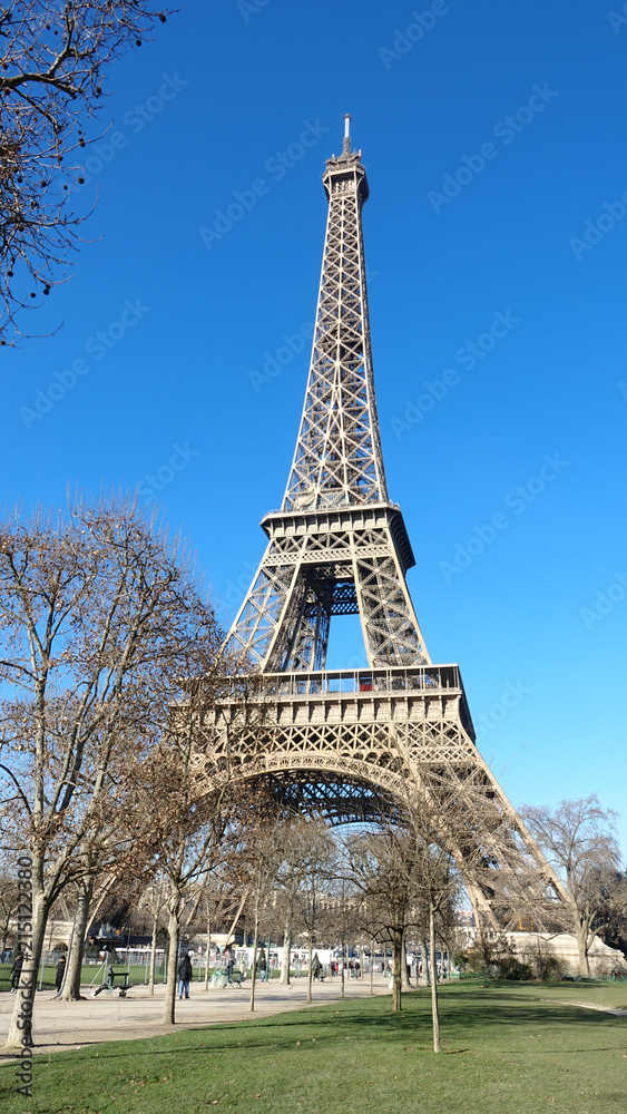   View of The Eiffel Tower in a clear day with blue Sky