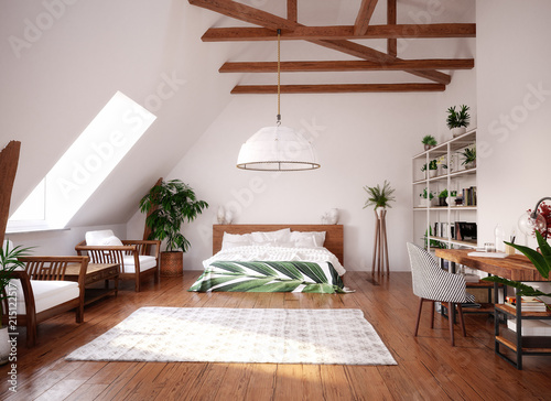 Modern bright open space interior in attic, 3d render photo