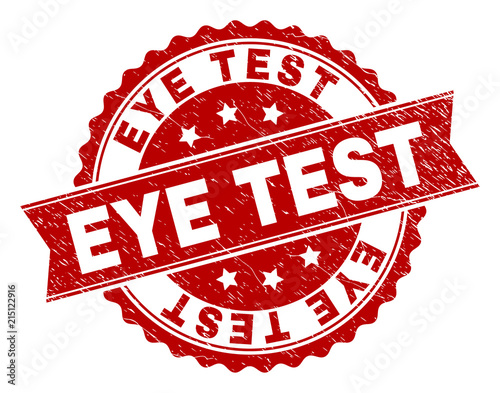 EYE TEST seal print with distress texture. Rubber seal imitation has circle medallion shape and contains ribbon. Red vector rubber print of EYE TEST text with dirty texture.