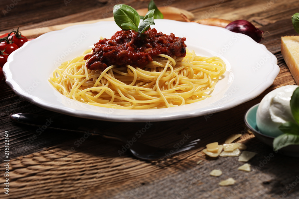 Plate of delicious spaghetti Bolognaise or Bolognese with savory minced beef Plate of delicious spaghetti Bolognaise or Bolognese with savory minced beef