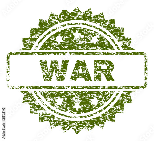 WAR stamp seal watermark with rubber print style. Green vector rubber print of WAR label with retro texture.