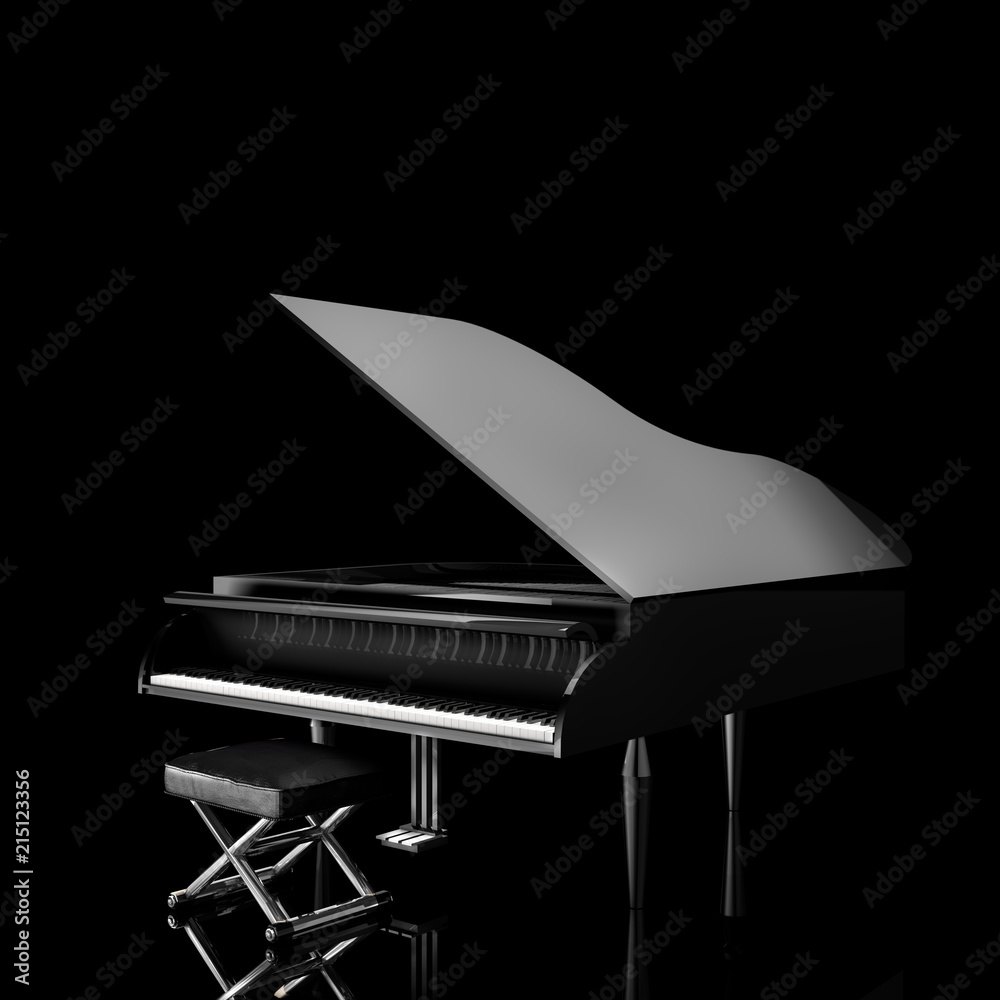 Piano de cola negro sobre fondo negro. Concepto de música clasica y jazz.  Stock-Illustration | Adobe Stock