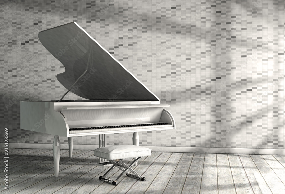 Foto de Concepto de música y piano de cola blanco en habitación. Música  clásica y jazz. Fondo surreal de las artes y entretenimiento do Stock |  Adobe Stock
