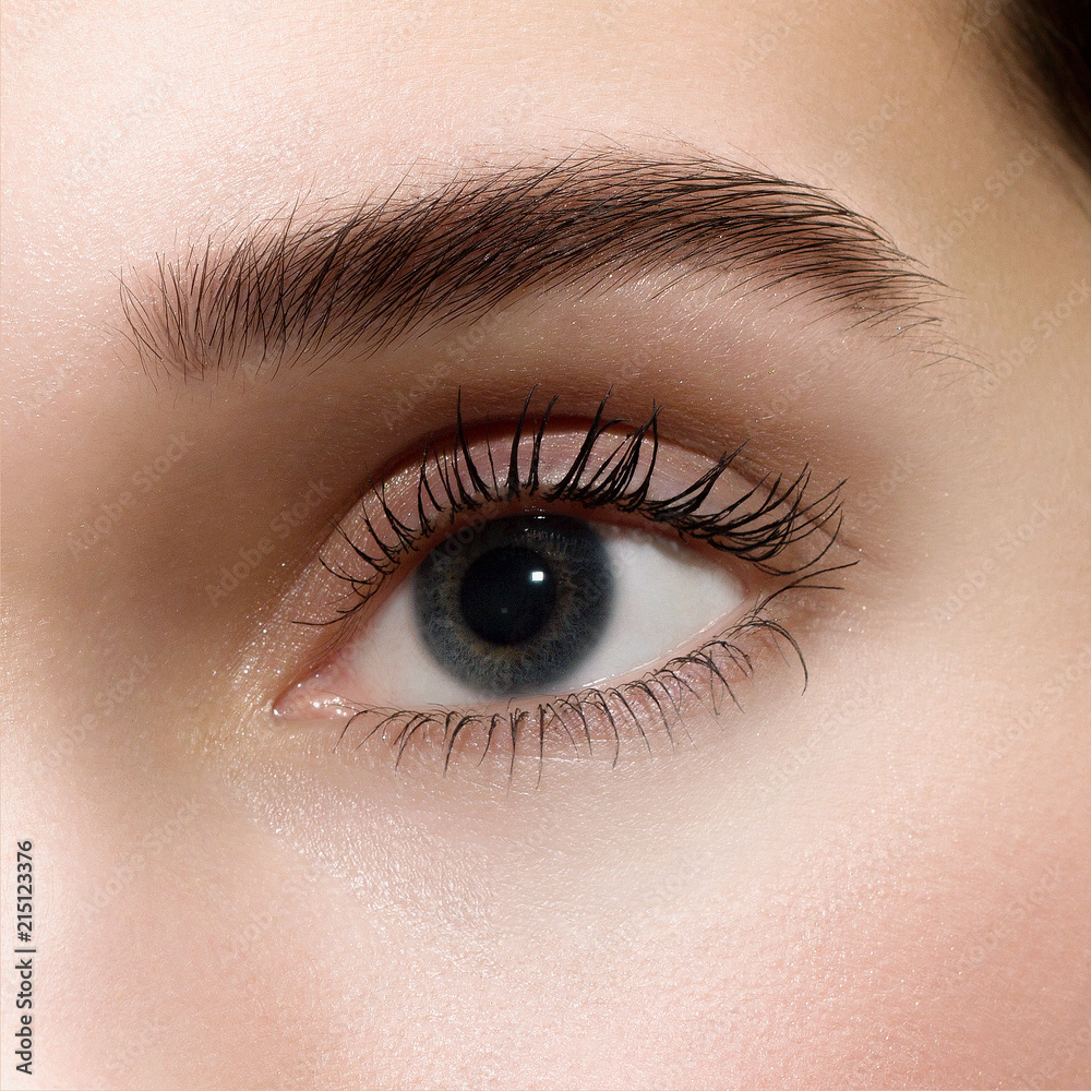 Fototapeta premium Female eye with long eyelashes closeup. Human eye.