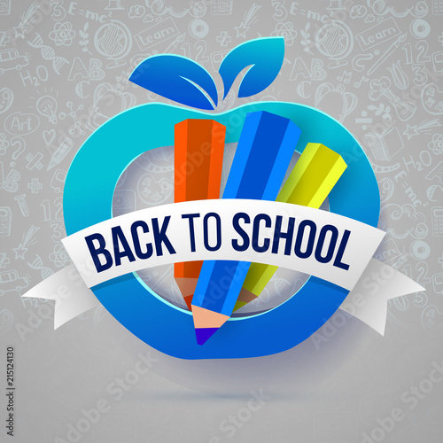 Back to school apple frame with pencils and ribbon on doodles background. Calligraphy style typography. Modern education symbol for web, business banners, poster, flyer. Paper art cut out craft style