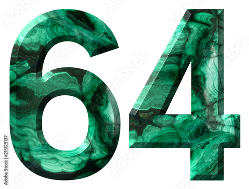 Arabic numeral 64, sixty four, from natural green malachite, isolated on white background photo