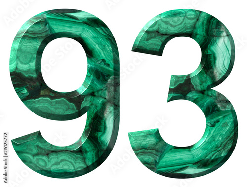 Arabic numeral 93, ninety three, from natural green malachite, isolated on white background photo