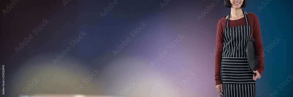Composite image of smiling waitress holding empty tray against Composite image of smiling waitress holding empty tray against