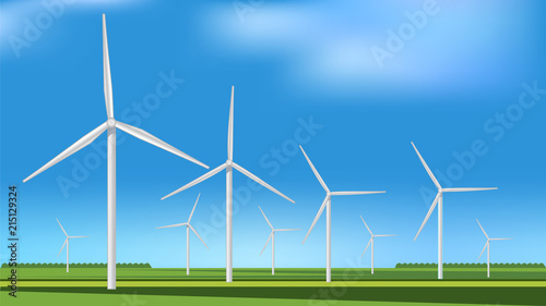 Green meadow with Wind turbines generating electricity, alternative energy, vector image.