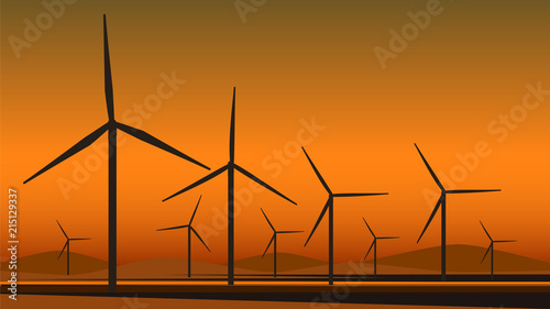 Wind mill farm silhouette in desert. Wind turbine alternative energy, vector image.
