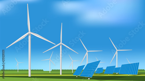 Green meadow with Wind turbines generating electricity and Solar panels, energy alternative, concept of renewable energy Vector design.