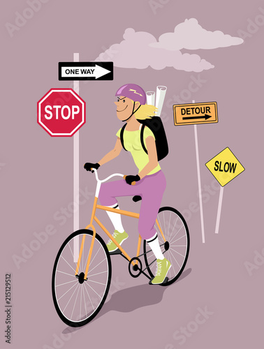 Female bike messenger riding living behind prohibiting road signs, EPS 8 vector illustration