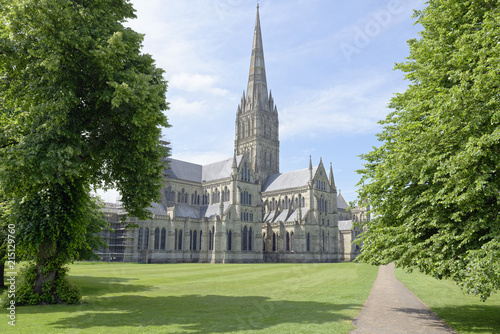 View of the iconiic 13th Century Salisbury Cathedral in Wiltshire, England
