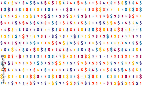 Seamless texture, dollar sign on transparent background, random size, shades of multi-colored color