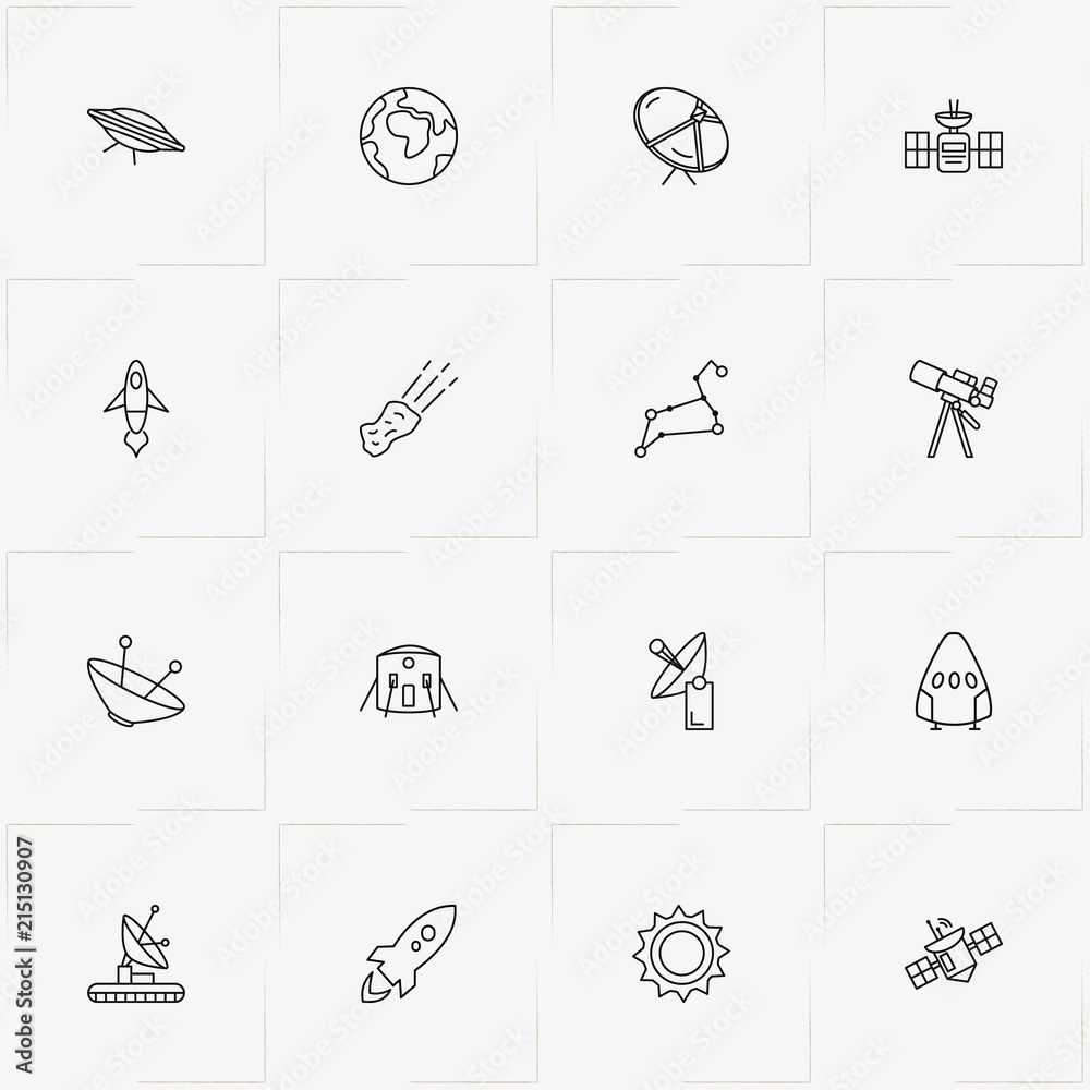 Astronomy line icon set with moon walker, constellation and rocket