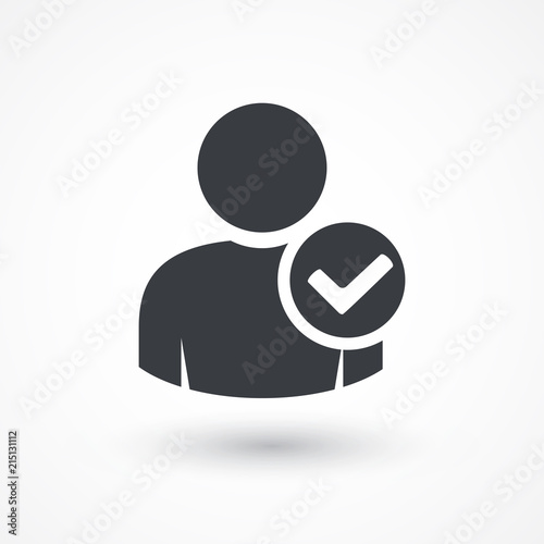 User profile sign web icon with check mark glyph. User authorized illustration design element. Flat style design icon. Account verified icon. Checked verified profile symbol. User accepted. Ok