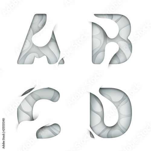 Paper cut letter A B C D isolated on white background. Modern 3d design for advertising, branding greeting card, cover, poster, banner. Clear character of alphabet font. Vector illustration.
