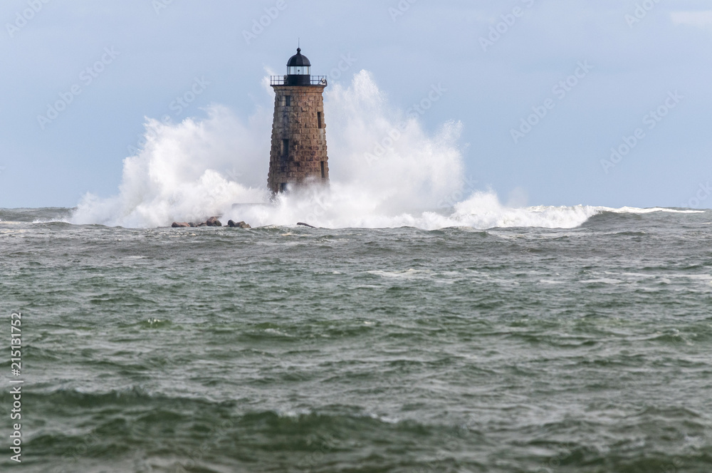Huge Waves Break Around Stone Tower of Whaleback Lighthouse in Maine