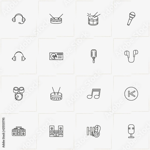 Audio line icon set with music note, drum and music center