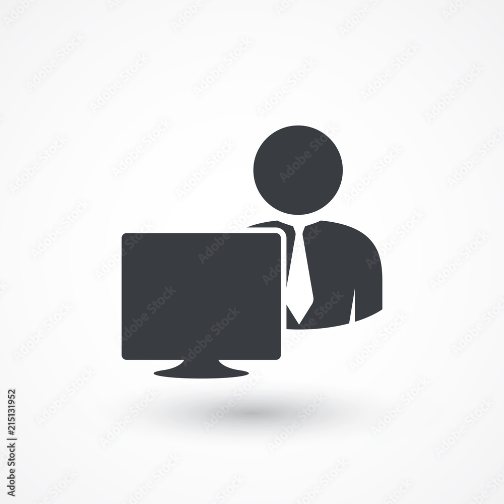 Worker in front of a computer monitor icon Worker in front of a computer monitor icon