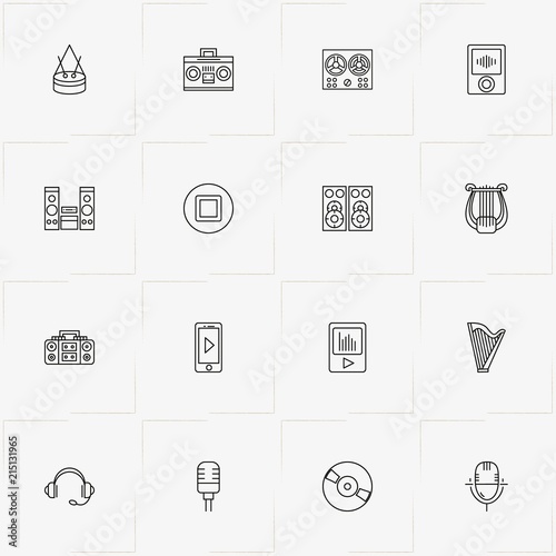 Audio line icon set with microphone, drum and audio columns
