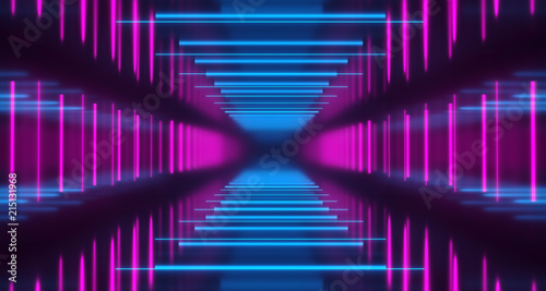 Fototapeta Naklejka Na Ścianę i Meble -  Highly Reflective Dark Sci Fi Futuristic Empty Room With A lot Of Neon Tube Blue And Purple Horizontal And Vertical  Lights Glowing Technology Concept 3D Rendering