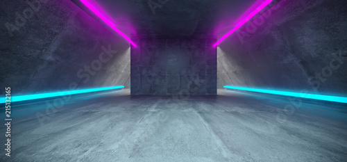 Fototapeta Naklejka Na Ścianę i Meble -  Futuristic Sci Fi Concrete Long Triangle Shaped Tunnel With Purple And Blue  Glowing Neon Line Signs Inside Empty Space 3D Rendering