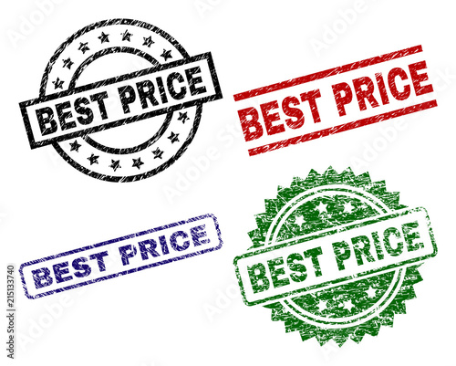 BEST PRICE seal prints with corroded texture. Black, green,red,blue vector rubber prints of BEST PRICE title with grunge texture. Rubber seals with circle, rectangle, medal shapes.
